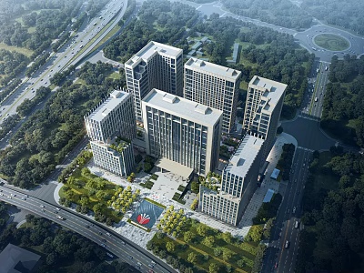 Aerial View Of Modern Office Buildings With Green Landscape And Roads 3d model