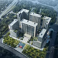 Aerial View Of Modern Office Buildings With Green Landscape And Roads