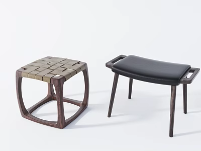 Modern Stools With Woven Seat Wooden Frame And Black Padded Seat Armrests 3d model