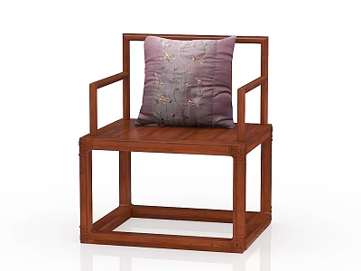 Wooden Single Chair With Armrest And Purple Floral Pattern Cushion 3d model
