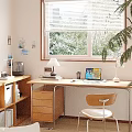 Cozy Home Desk by Window With Blinds Green Plants Laptop Lamp Mug and Bookshelf