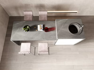 Modern Bar Counter with Gray Marble Surface Four Light Pink Chairs Potted Plant Black Kettle 3d model