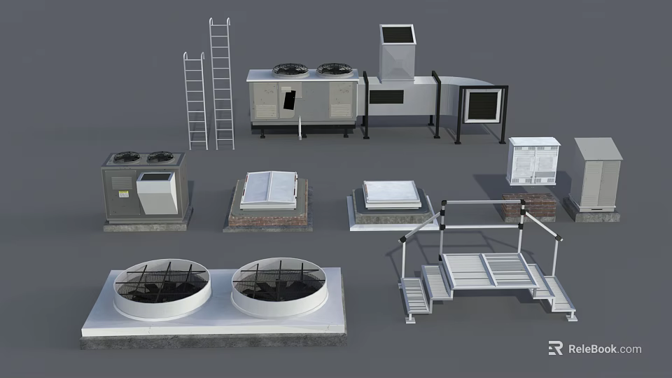 Different Types Of Air Conditioner Fans With Outdoor Units And Mounting Platforms 3d model 
