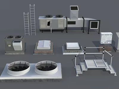 Different Types Of Air Conditioner Fans With Outdoor Units And Mounting Platforms 3d model