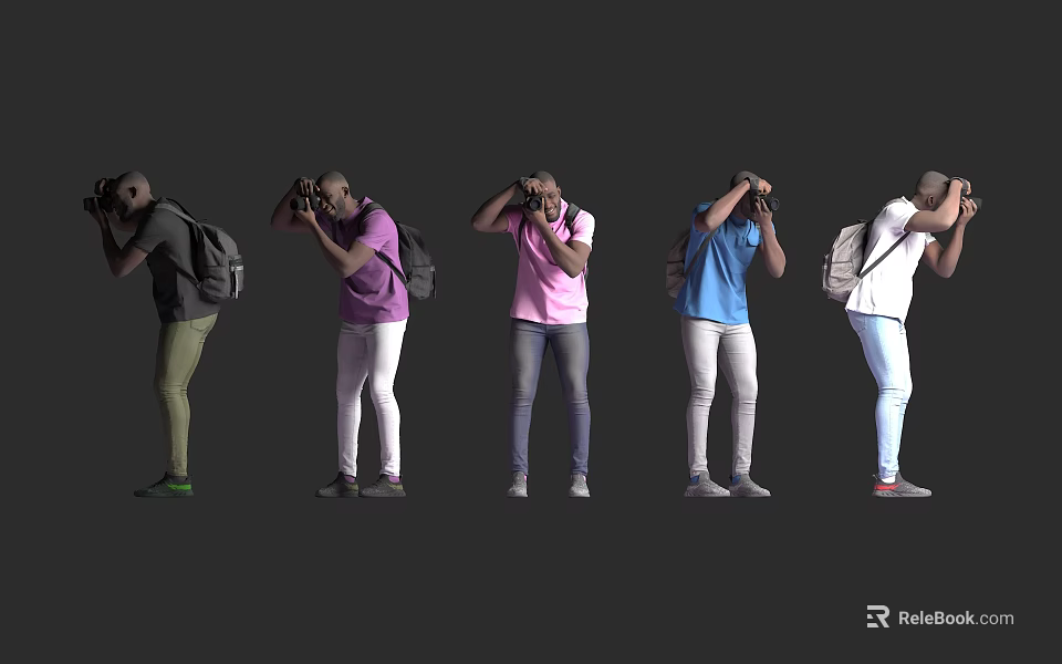 Men With Backpacks Holding Cameras In Different Poses For Photography 3d model 