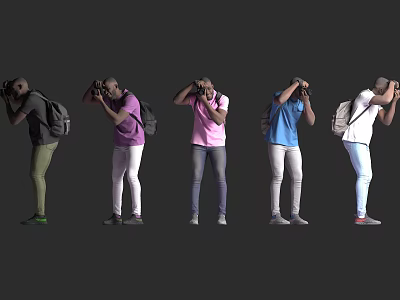 Men With Backpacks Holding Cameras In Different Poses For Photography 3d model
