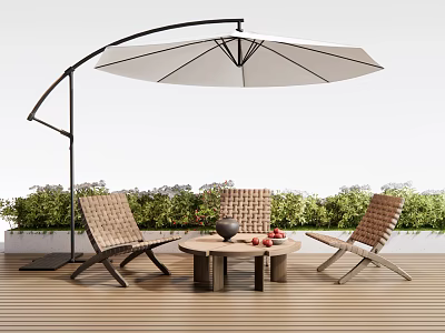 Outdoor Wicker Chairs with Table and Cantilever Umbrella on Wooden Deck with Green Plants 3d model