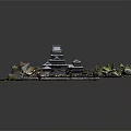Detailed Traditional Japanese Castle Model With Green Landscape Trees Pathways And Garden
