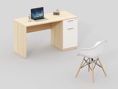 Modern Light Wooden Home Office Desk With Laptop Stationery Drawer And White Chair 3d model