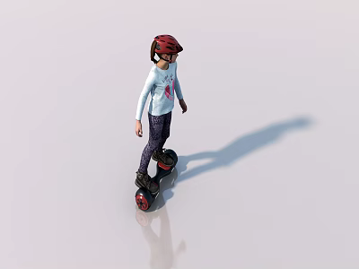 Man Riding Electric Hoverboard Wearing Red Helmet Light Blue Long Sleeve Shirt Dark Pants On White Floor With Shadow 3d model