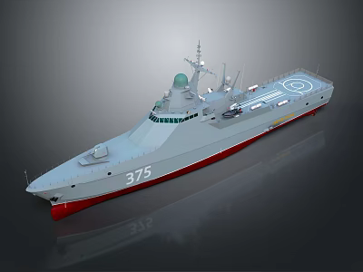 Modern Military Warship With Number 375 Red And White Hull Radar System And Deck 3d model