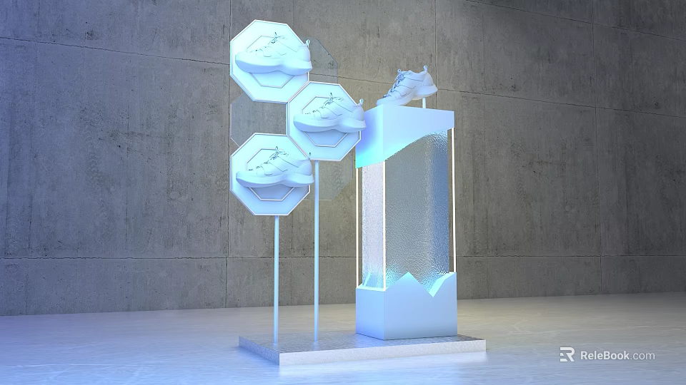Modern White Art Installation With Hexagonal Structures Transparent Panels And Illuminated Base 3d model 
