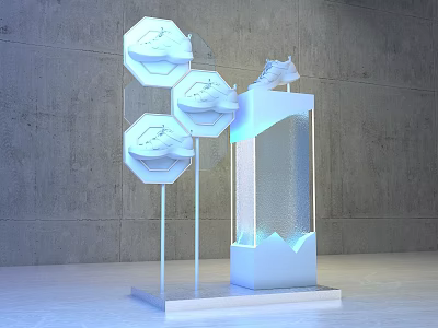 Modern White Art Installation With Hexagonal Structures Transparent Panels And Illuminated Base 3d model