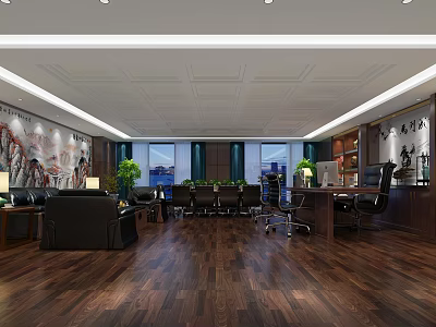 Modern Office Interior With Wooden Flooring Executive Desk Leather Sofa And Green Plants 3d model