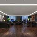 Modern Office Interior With Wooden Flooring Executive Desk Leather Sofa And Green Plants