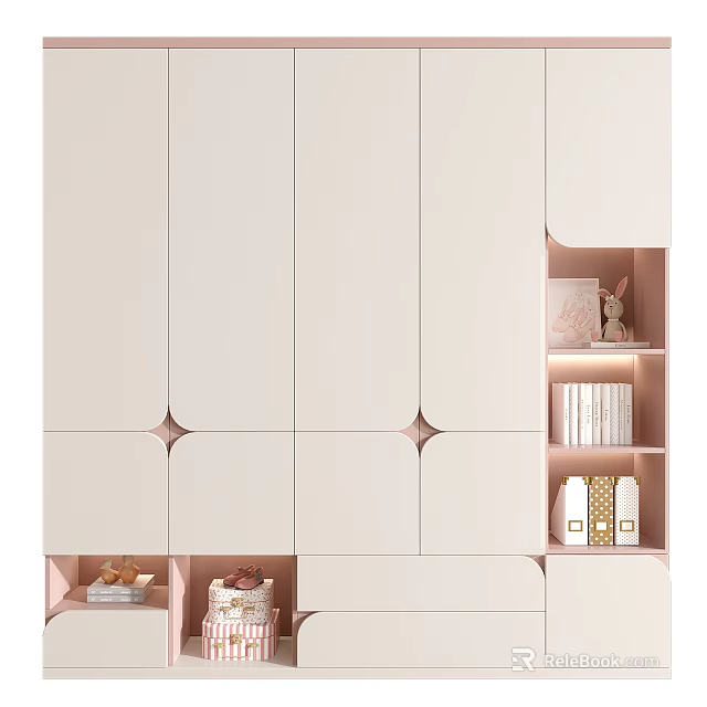 Modern Minimalist Light Pink Wardrobe With Multiple Doors Drawers And Open Shelves With Decorative Items 3d model 