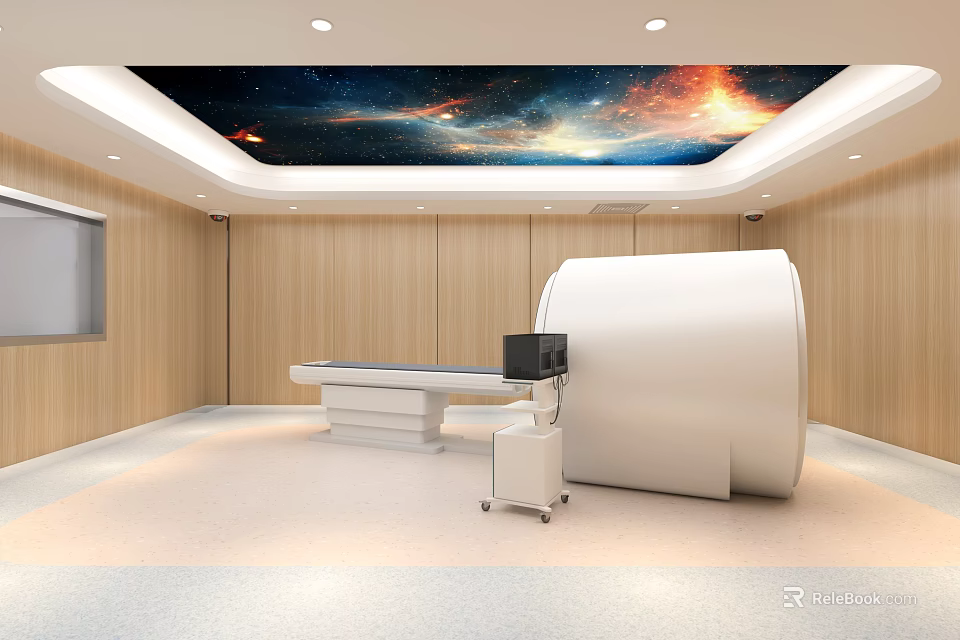 Hospital Outpatient Room With Starry Sky Ceiling Wooden Walls And CT Scanner Examination Table 3d model 