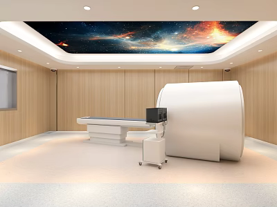 Hospital Outpatient Room With Starry Sky Ceiling Wooden Walls And CT Scanner Examination Table 3d model