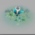 Mushroom Shaped Plant Surrounded by Green Leaves and Blue Flowers in Green Circular Area