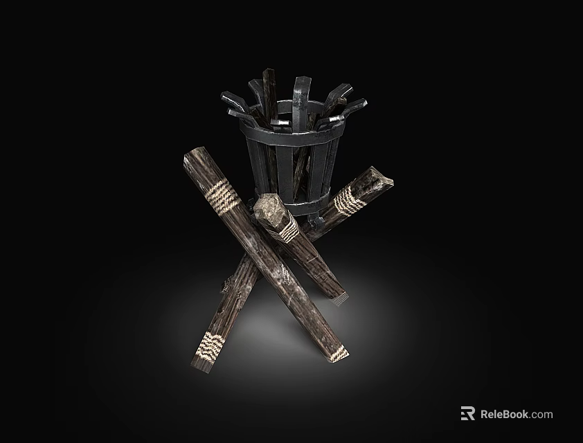 Traditional Metal Fire Pit With Crossed Wooden Logs And Decorative Details 3d model 