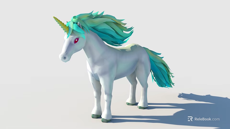 White Unicorn 3D Model With Green Turquoise Mane Tail Golden Horn And Red Eyes 3d model 