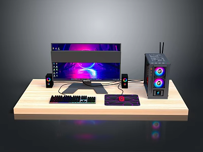 Gaming PC Setup With RGB Monitor Case Mechanical Keyboard Mouse And Speakers On Wooden Desk 3d model