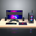 Gaming PC Setup With RGB Monitor Case Mechanical Keyboard Mouse And Speakers On Wooden Desk