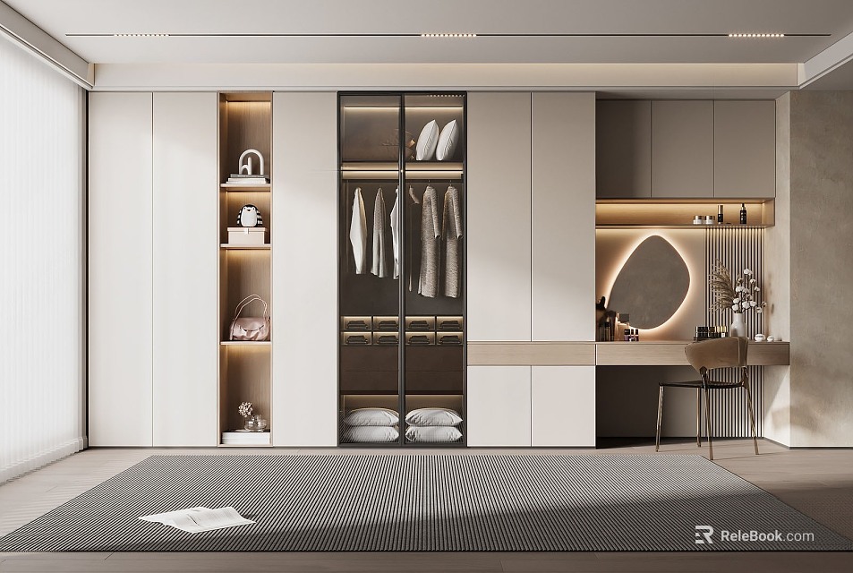Modern Wardrobe Interior Design With Glass Doors Hanging Clothes And Vanity Table 3d model 