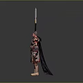 Ancient Armored Warrior Character With Long Decorated Spear And Traditional Gear