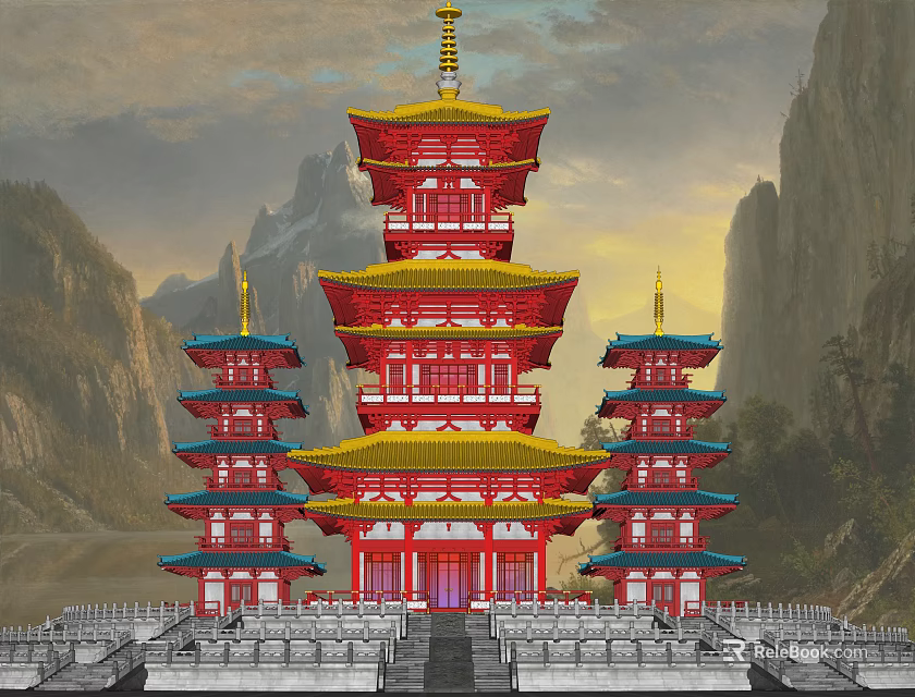 Traditional Chinese Multi tiered Pagoda With Red Gold Roof Surrounded By Mountains And Lakes 3d model 