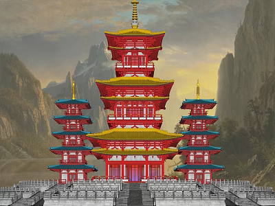 Traditional Chinese Multi tiered Pagoda With Red Gold Roof Surrounded By Mountains And Lakes 3d model