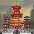 Traditional Chinese Multi tiered Pagoda With Red Gold Roof Surrounded By Mountains And Lakes