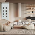 Elegant Modern Living Room Interior With Beige Sofa Armchair Round Coffee Table And Decor Shelves