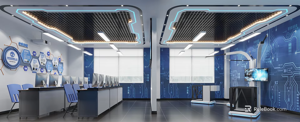 Modern Public Office Space Interior With Long Workstations Multiple Computers And Grid Ceiling 3d model 