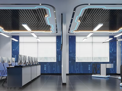 Modern Public Office Space Interior With Long Workstations Multiple Computers And Grid Ceiling 3d model