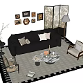 Luxurious Leather Sofa Set with Armchairs Marble Coffee Table Geometric Rug Decorative Paintings Floor Lamp