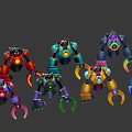 Game And Movie Robot Characters With Blue Gold Purple Armor And Spiked Design