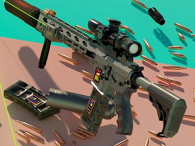 Modern Tactical Rifle With Scope Scattered Bullets Magazine On Colorful Blue Pink Background 3d model