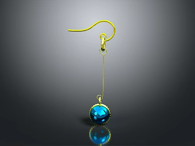 Gold Earrings with Round Blue Gemstone Pendant and Gold Hook Reflection on Dark Background 3d model