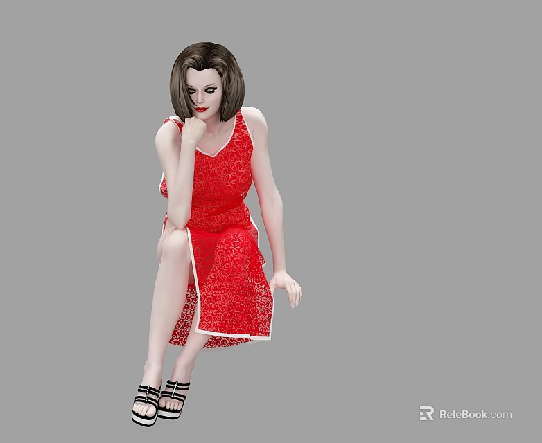 Woman in Red Lace Dress Sitting on Floor with Black Sandals and Gray Background 3d model 