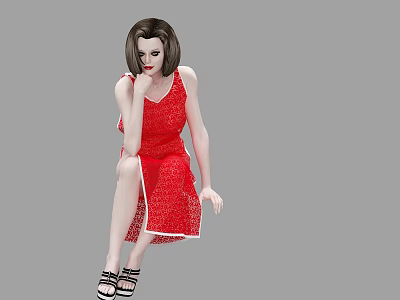 Woman in Red Lace Dress Sitting on Floor with Black Sandals and Gray Background 3d model