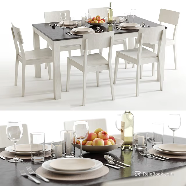 Modern Dining Table Set With White Chairs Tableware Peaches And Wine Glasses 3d model