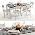 Modern Dining Table Set With White Chairs Tableware Peaches And Wine Glasses 3d model
