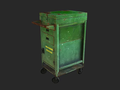 Green Worn Metal Cart With Wheels Top Lid And Warning Fire Hazard Sign 3d model