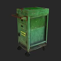Green Worn Metal Cart With Wheels Top Lid And Warning Fire Hazard Sign