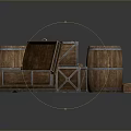 Rustic Wooden Storage Barrels And Open Boxes With Metal Hoops And Lids