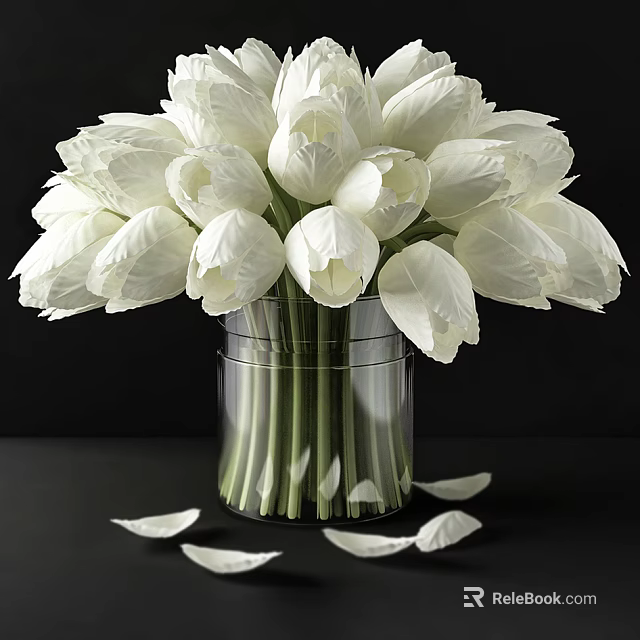 White Tulips Arrangement in Clear Glass Vase on Black Tabletop with Scattered Petals 3d model 