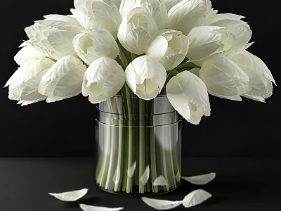 White Tulips Arrangement in Clear Glass Vase on Black Tabletop with Scattered Petals 3d model