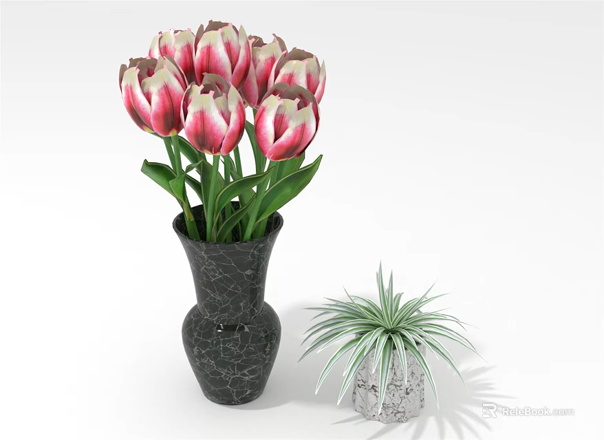 Pink And White Tulips In Black Cracked Vase With Green Leaves And Small Succulent 3d model 