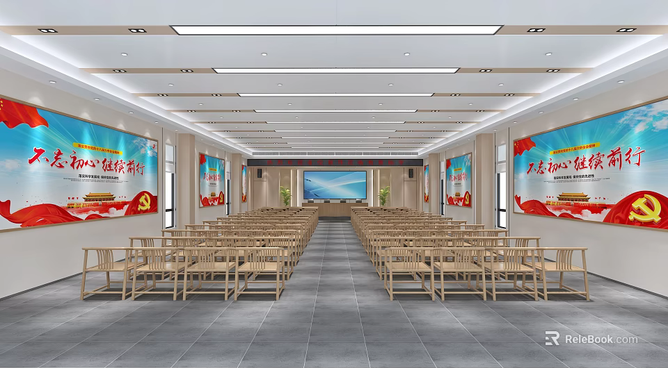 Conference Room With Neat Wooden Chairs Front Large Screen Side Posters And Spacious Interior 3d model 